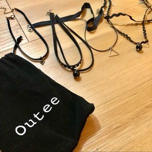 OUTEE Set of Four Black Choker Necklaces with Charms